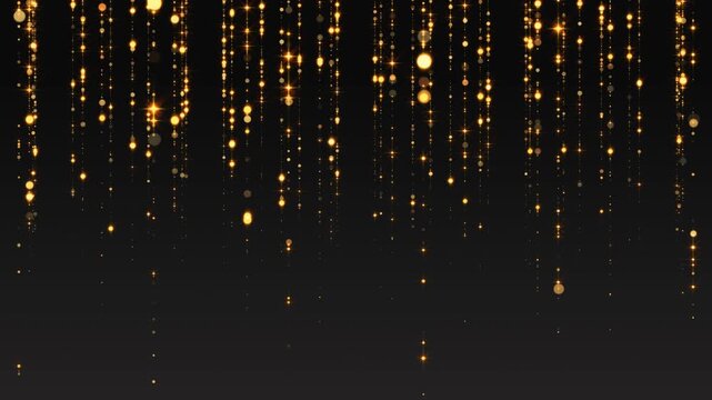 golden strings shiny and glittering particles on black background animation, abstract luxury christmas and new year celebration social media motion design element	