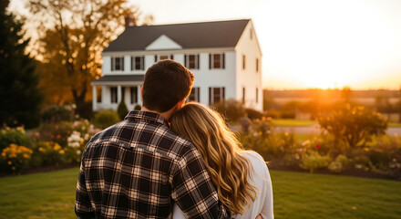 Young couple embracing, gazing at their new large white house during a beautiful sunset in the countryside.
