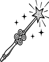 Fototapeta premium Magical Wand with Shining Star and Ornate Handle Outline Vector Illustration for Fairy Tales Magic Shows and Fantasy Themes.