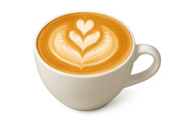 Latte coffee with heart latte art in white cup on transparent background