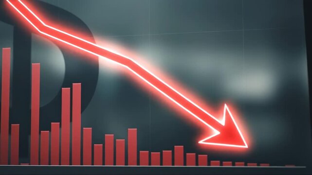 Bright red arrow and declining bar graph indicate a financial downturn. analyzing economic patterns through visual data.