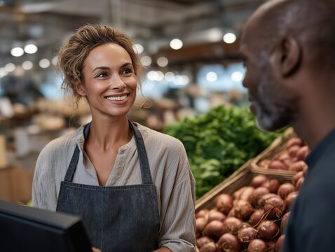 Smiling woman with curly hair wearing an apron is engaging with a customer at a vibrant grocery store, surrounded by fresh produce and a warm, inviting atmosphere - Powered by Adobe