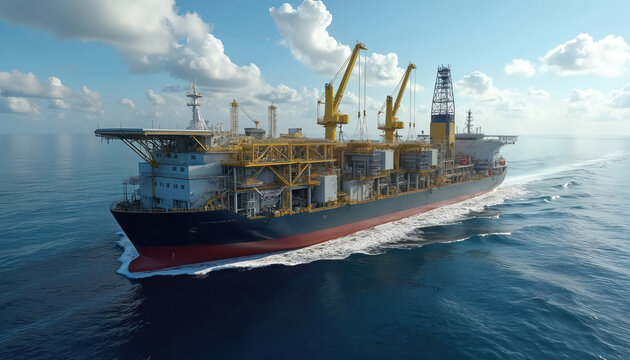 Large FPSO vessel sails on blue ocean water. Offshore oil and gas production unit moves across sea. Industrial ship with cranes, helipad, drilling equipment operates at sea under bright sky.