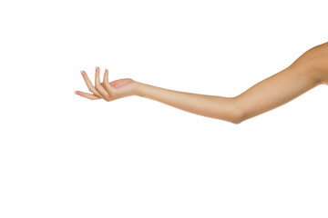 Studio close-up of elegant female arm in black sleeveless dress showing graceful and delicate hand pose on white background.