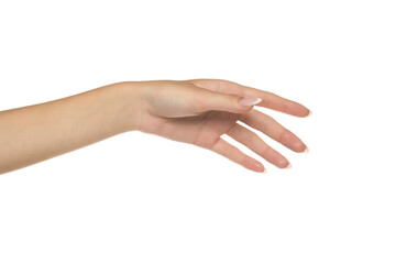 Studio close-up of female hand with natural manicure in relaxed graceful pose on white background.