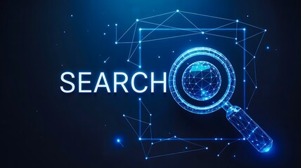 Digital search concept with glowing magnifying glass on dark background
