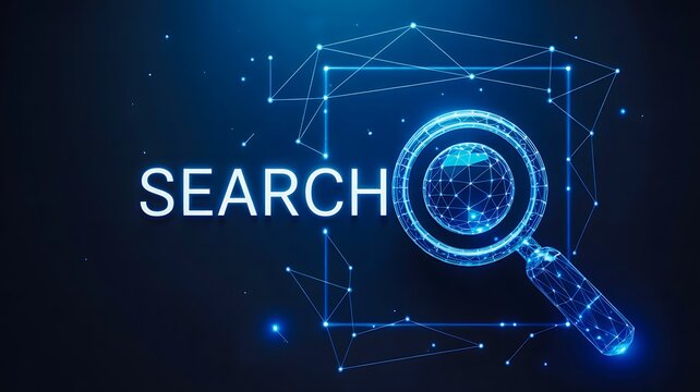 Digital search concept with glowing magnifying glass on dark background
 - Powered by Adobe