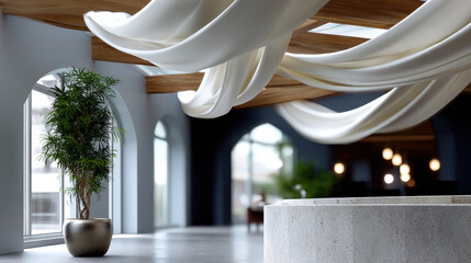 An aesthetically pleasing indoor space features flowing white drapery contrasting against a modern architectural design and lush greenery, creating a serene and artistic ambiance.