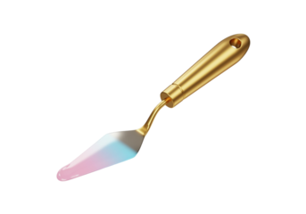 Elegant golden handled artist palette knife with vibrant pink and blue paint on its shiny metallic blade for creative expression