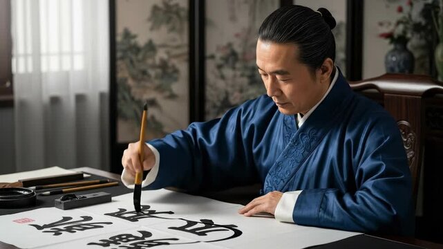 A man in traditional attire practices calligraphy, masterfully creating intricate characters with precision. this artistic expression showcases the depth and beauty of cultural heritage.
