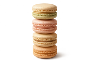 Delicious stack of colorful French macarons with a transparent background