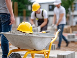 Yellow hard hat on wheelbarrow with construction workers