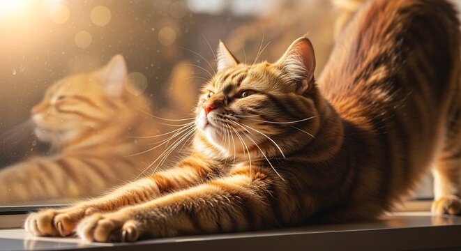 Orange tabby cat stretching on windowsill in sunlight