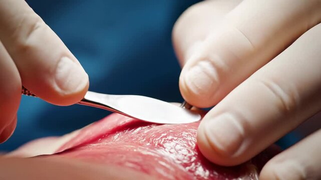 Surgical procedure with medical instrument and gloved hands on biological tissue