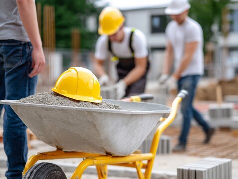 Yellow hard hat on wheelbarrow with construction workers - Powered by Adobe