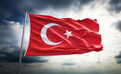 Turkish Flag in the Wind: The Turkish flag billows proudly against a dramatic sky, the red and white emblem of the nation waving in a display of patriotism.