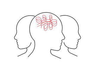 Confused mind with tangled red lines, a concept of mental stress. Vector illustration of a human head with tangled red lines inside, symbolizing complex thoughts, stress, anxiety, and mental health.