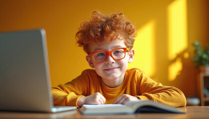 Happy red-haired kid with orange glasses sits at desk. Looks at camera, smiles learning. Child reads book, uses laptop. Boy studies at home, engaged in online education. Youth enjoys homework, new