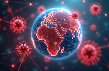 Digital illustration world map overlaid with network of connections, virus particles. Photo shows spread of disease globally, representing concepts of pandemic epidemic. Science, health core themes.