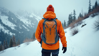 Man with orange jacket and backpack walks on snowy mountain path. Hiker explores winter wilderness. Scenic view of snowy peaks and forest. Active journey in cold weather.
