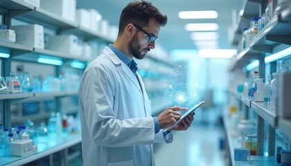 Man in lab coat uses tablet in modern lab. Shelves with vials, equipment create science research atmosphere. Digital data overlays enhance futuristic tech feel. Checks medical supplies, analyses