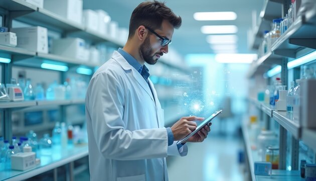 Man in lab coat uses tablet in modern lab. Shelves with vials, equipment create science research atmosphere. Digital data overlays enhance futuristic tech feel. Checks medical supplies, analyses - Powered by Adobe