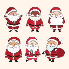 Santa Claus Christmas Cartoons set. Cute Santa Clauses Character in Different Poses with Gift, Bag, Holding Placard, Waving, Smiling.