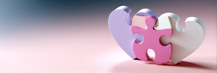 Pastel heart shapes and pink puzzle piece standing together on soft gradient background symbolizing unity and emotional connection