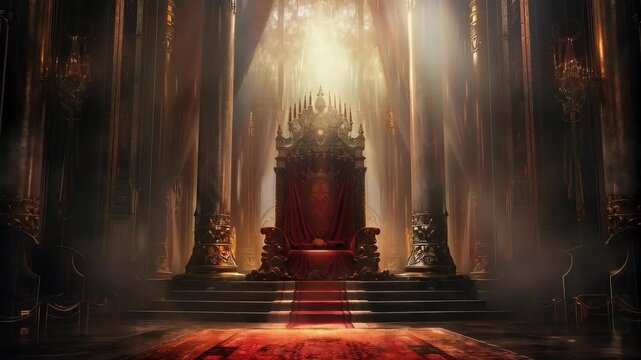 The majestic throne in a luxurious hall with golden columns and a stream of light symbolises power and solemnity, ideal as an atmospheric backdrop for historical films or fantasy games.
