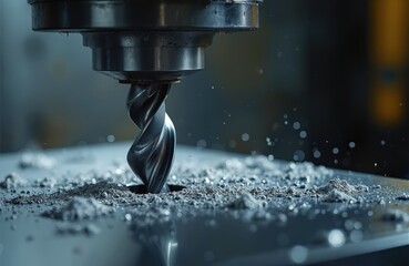 Metal drill bit makes hole in steel billet on industrial machine. Drilling process creates metal shavings, fine dust. Shows precision engineering, modern manufacturing tech, active workshop