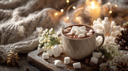 Cozy autumn evening scene with steaming hot chocolate topped with marshmallows and glowing fairy lights creating a warm inviting atmosphere