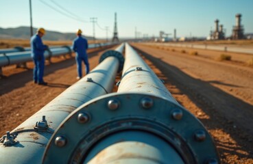 Workers in blue suits, yellow helmets inspect large metal pipelines stretching across dry, dusty landscape under clear blue sky. Industrial facilities visible in distance, suggesting oil gas