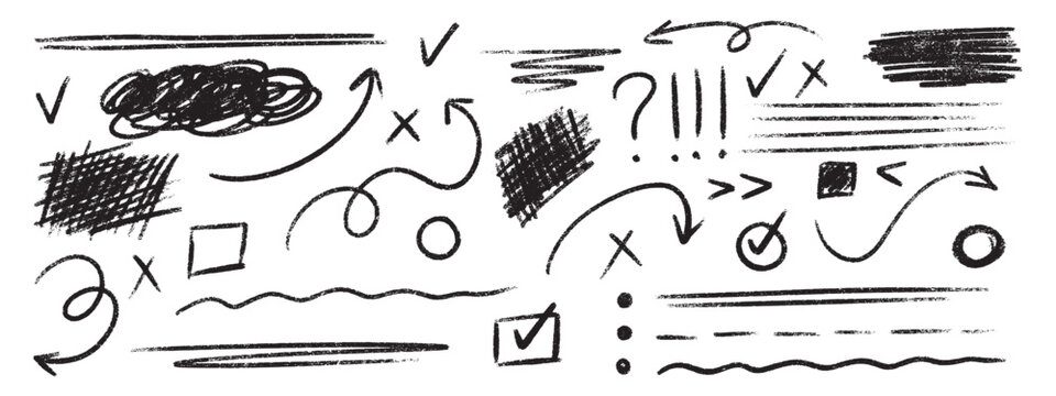 Hand drawn crayon set with rough pencil textures - grunge strokes and arrows, circles and scribbles. Chalk doodles of emphasis underlines, check marks, wavy lines and textured brush highlight elements