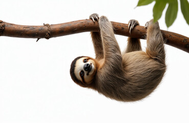 Obraz premium Sloth hanging on a tree branch with sharp claws. Funny animal relaxes on wood log with green leaves on white background. Cute mammal with fur and long arms hanging upside down.