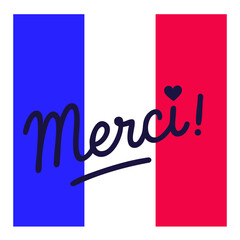 Handwritten lettering of the French word for &ldquo;thank you,&rdquo; with a heart symbol, displayed over the blue, white, and red French flag. A modern vector design expressing gratitude and appreciation.