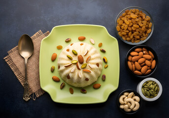 Traditional Indian sweet dish Suji Halwa or Sheera garnished with dry fruits on a green plate