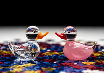 Two cute glass duck figurines facing each other on colorful star confetti background