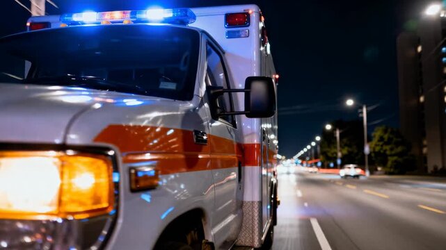 Emergency ambulance speeding through city streets at night with flashing lights and motion blur.