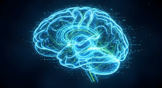 Digital brain visualization glowing blue neural network abstract concept artificial intelligence technology science data processing - Powered by Adobe