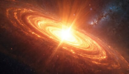 Illustration shows burst of gamma rays. Energy from black hole. Abstract space nebula with hot cosmic core. Astronomy concept for physics, science, universe research, astrophysics themes. Space