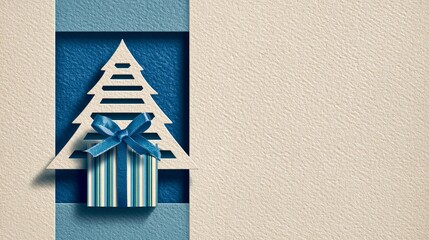 Delightful Christmas tree cutout frames a striped gift box adorned with a blue satin ribbon, perfect for festive designs.