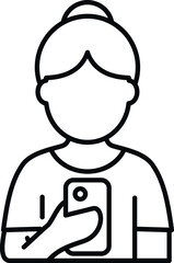Obraz premium Woman icon in line art style with a bun hairstyle holding a smartphone