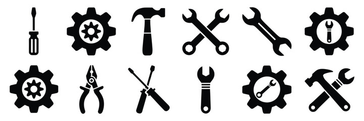 Tools and Service Icon Set Featuring Wrench, Screwdriver, and Gear Symbols in Clean Vector Illustration for Settings, Repair, Maintenance, and Technical Support Design Projects