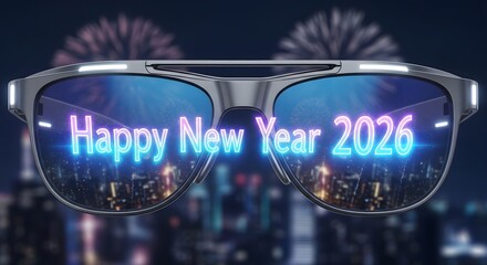 Happy new year 2026 greeting displayed on futuristic smart glasses over a nighttime city skyline with fireworks celebration background
