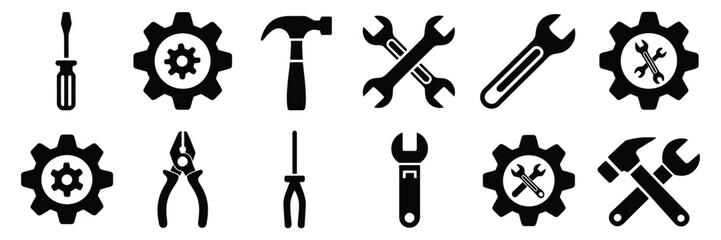 Tools and Service Icon Set Featuring Wrench, Screwdriver, and Gear Symbols in Clean Vector Illustration for Settings, Repair, Maintenance, and Technical Support Design Projects