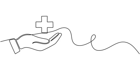 Continuous line drawing of palm hand holding medical cross and heart love. Vector illustration