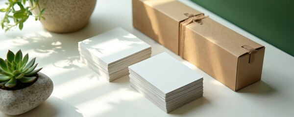 Two stacks of blank white business cards rest on white table beside brown cardboard box. Succulent plants in stone pots sit nearby, casting soft shadows. Minimalist eco-friendly stationery setup for