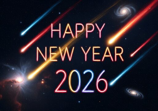 Happy new year 2026 neon sign space background with shooting stars and galaxies celebration greeting festive cosmic event - Powered by Adobe