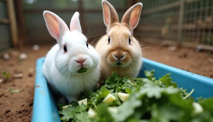 Two adorable rabbits eating fresh green vegetables from a blue container. One white and one brown rabbit enjoy their meal. Fluffy pets in a farm setting.