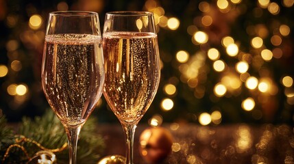 Cheers to celebration with sparkling champagne glasses and festive golden bokeh lights, perfect for holiday events and special occasions